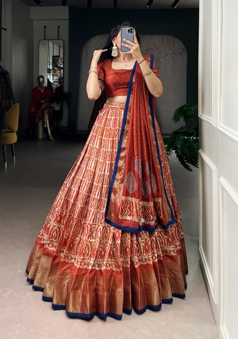 Orange Zari Work Silk Blend Lehenga Set - Indya