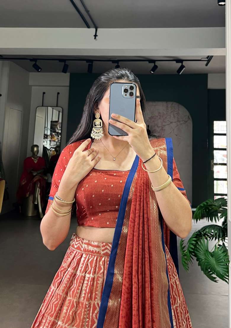 Orange Silk Blend Lehenga Set with Zari Work for Diwali | Wedding & Festive Wear - Indya