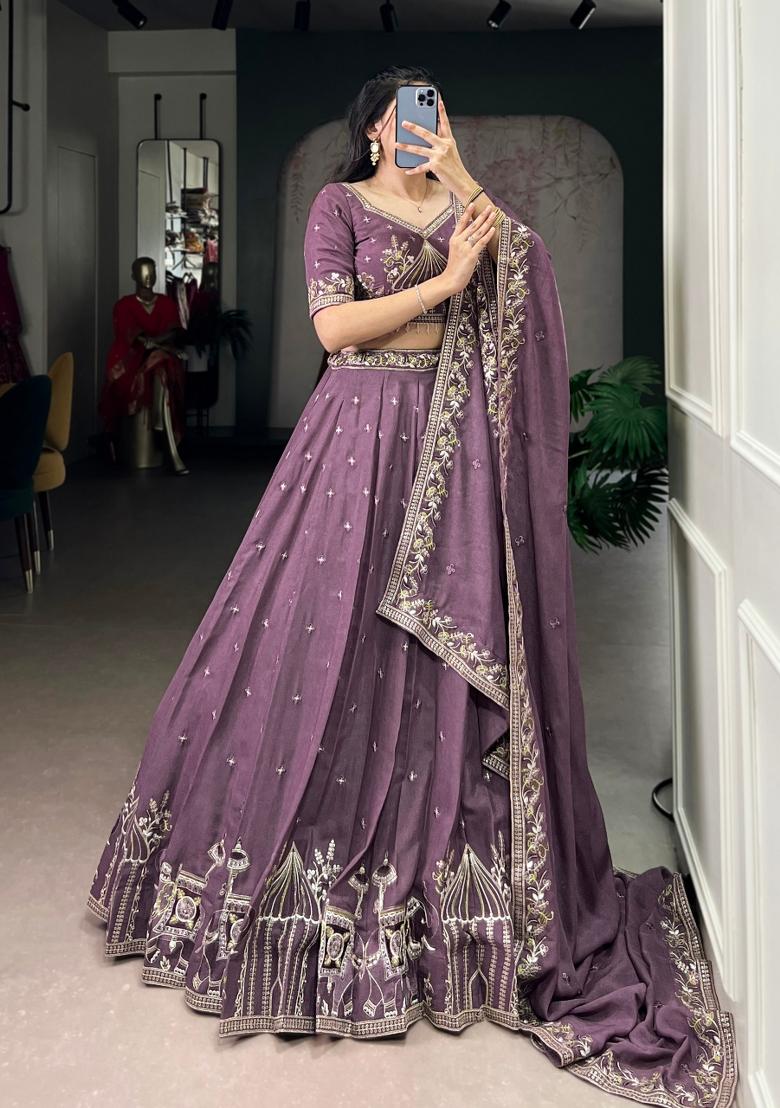 Lavender Embroidered Crush Lehenga Set - Indya