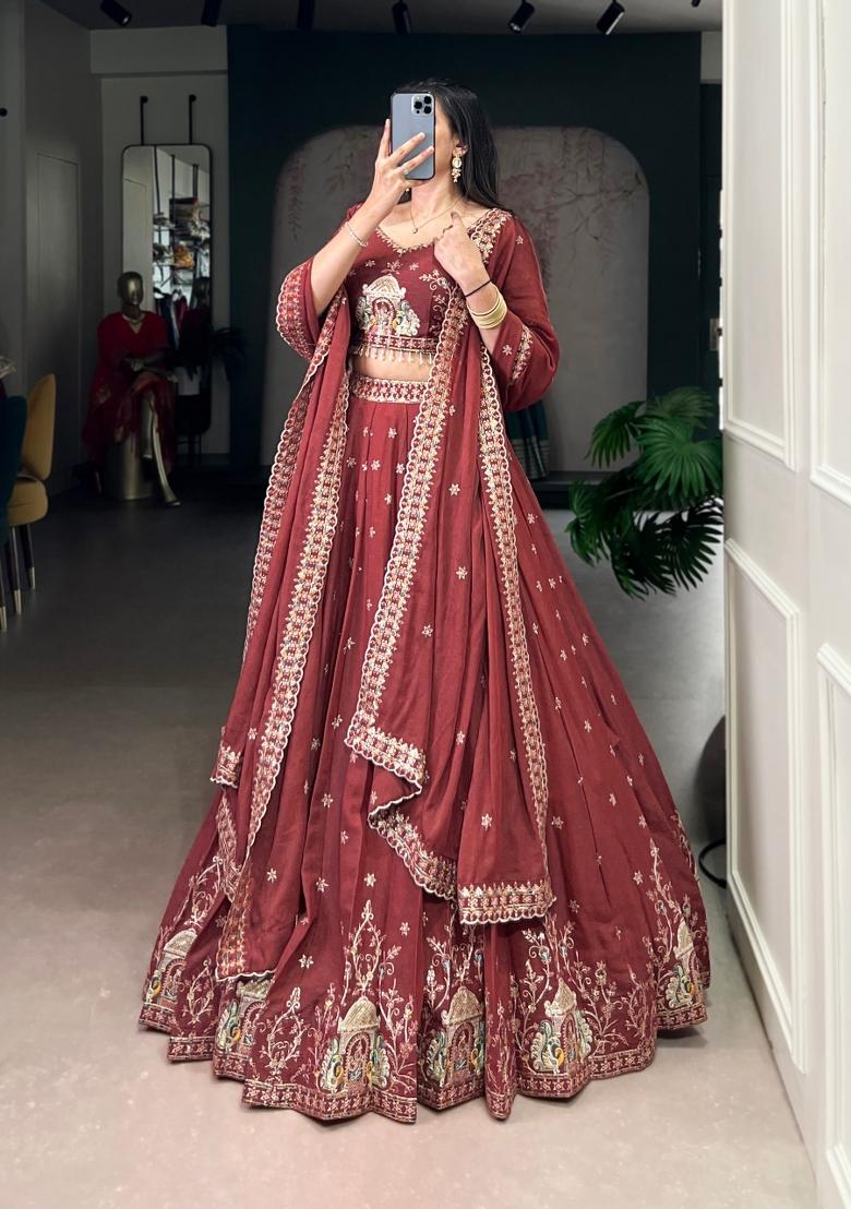 Maroon Embroidered Crush Lehenga Set - Indya