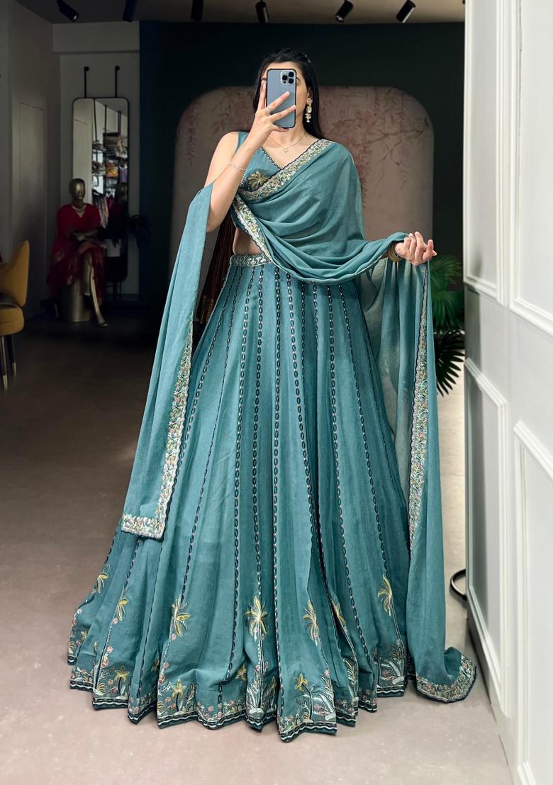 Sky Blue Embroidered Crush Lehenga Set - Indya