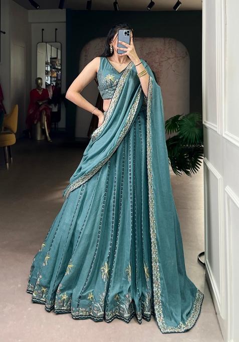 Sky Blue Embroidered Crush Lehenga Set