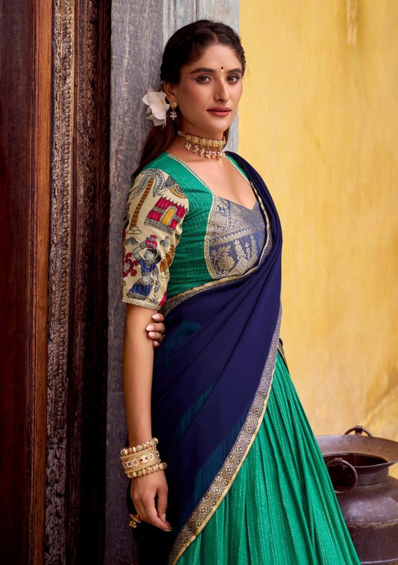 Green Zari Work Chanderi Lehenga Set - Indya