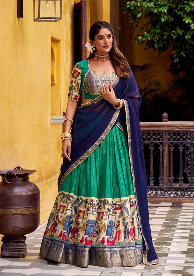Green Chanderi Lehenga Set with Zari Work for Diwali | Wedding & Festive Wear - Indya