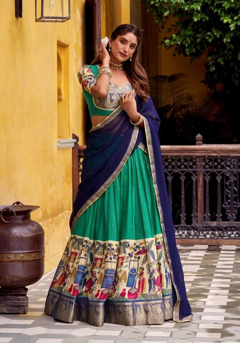 Green Zari Work Chanderi Lehenga Set