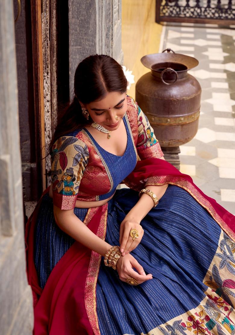 Navy Blue Zari Work Chanderi Lehenga Set - Indya