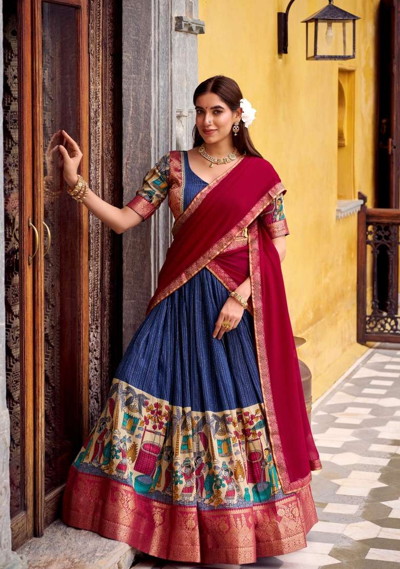 Navy Blue Zari Work Chanderi Lehenga Set for Diwali and Festive Wear - Indya