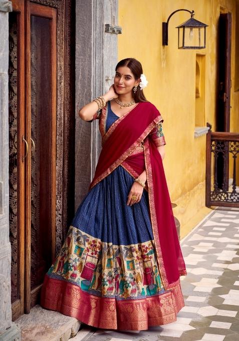 Navy Blue Zari Work Chanderi Lehenga Set