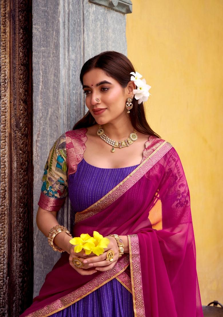 Purple Zari Work Chanderi Lehenga Set - Indya