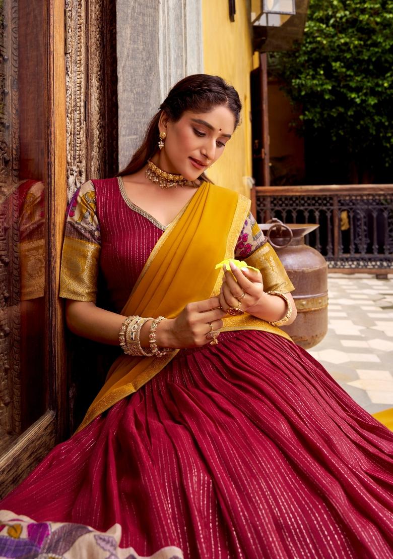 Red Zari Work Chanderi Lehenga Set - Indya