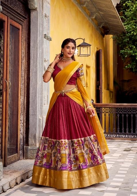 Red Zari Work Chanderi Lehenga Set