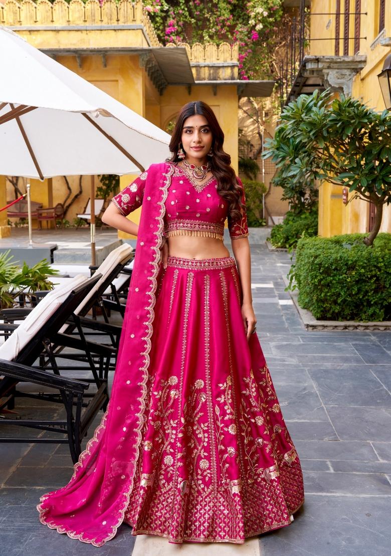 Rani Pink Embroidered Silk Blend Lehenga Set - Indya