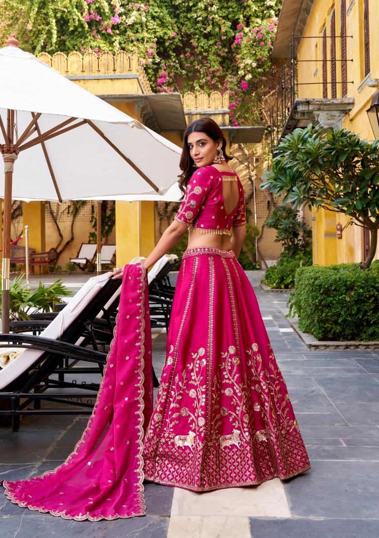 Rani Pink Embroidered Silk Blend Lehenga Set - Indya