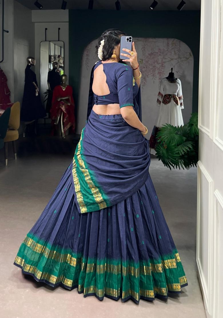 Navy Blue Zari Work Chanderi Lehenga Set - Indya