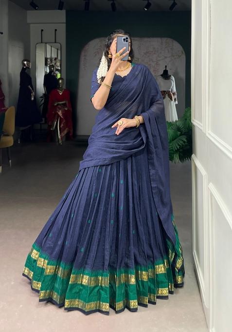 Navy Blue Zari Work Chanderi Lehenga Set