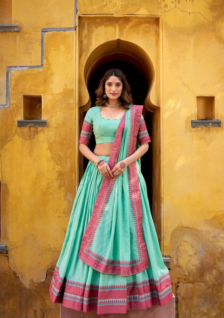 Sky Blue Thread Work Chanderi Lehenga Set - Indya