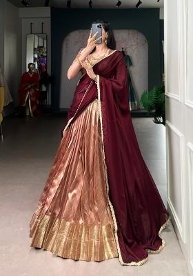 Peach Zari Work Silk Blend Lehenga Set