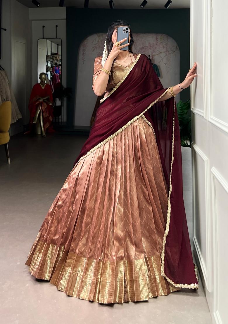 Peach Zari Work Silk Blend Lehenga Set - Indya