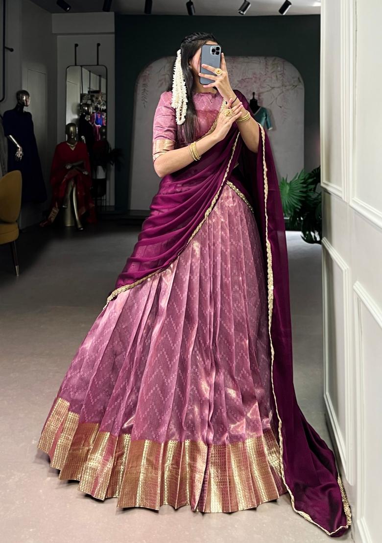 Pink Zari Work Silk Blend Lehenga Set - Indya