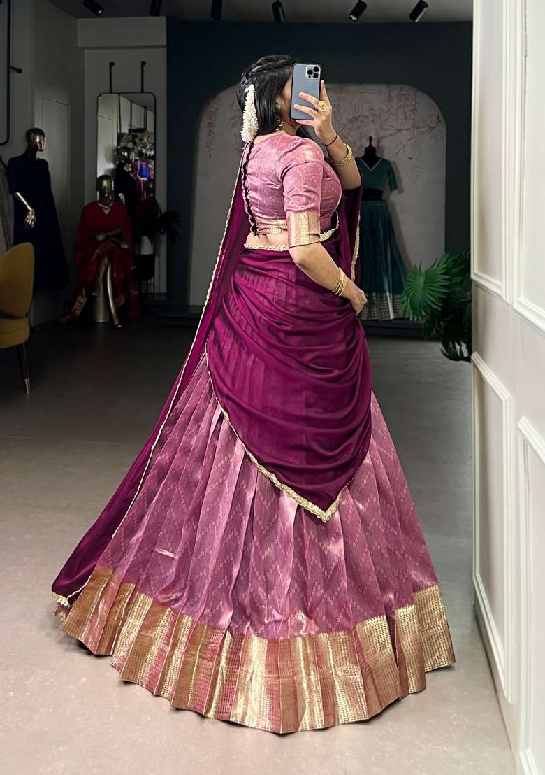 Pink Zari Work Silk Blend Lehenga Set for Diwali and Festive Wear - Indya
