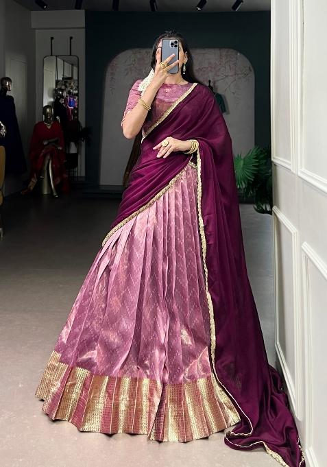 Pink Zari Work Silk Blend Lehenga Set