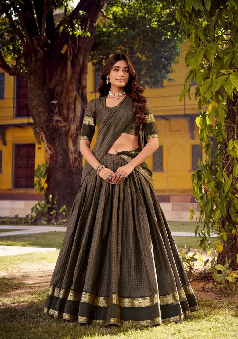 Grey Zari Work Cotton Lehenga Set - Indya