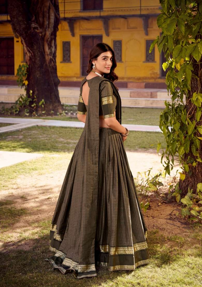 Grey Zari Work Cotton Lehenga Set for Diwali and Festive Wear - Indya