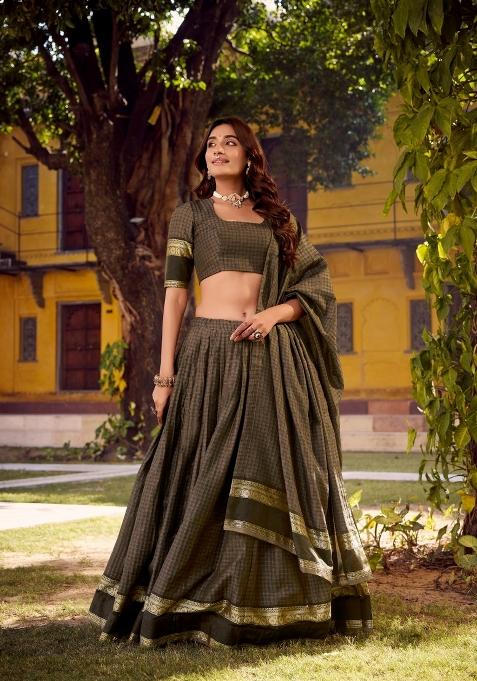 Grey Zari Work Cotton Lehenga Set