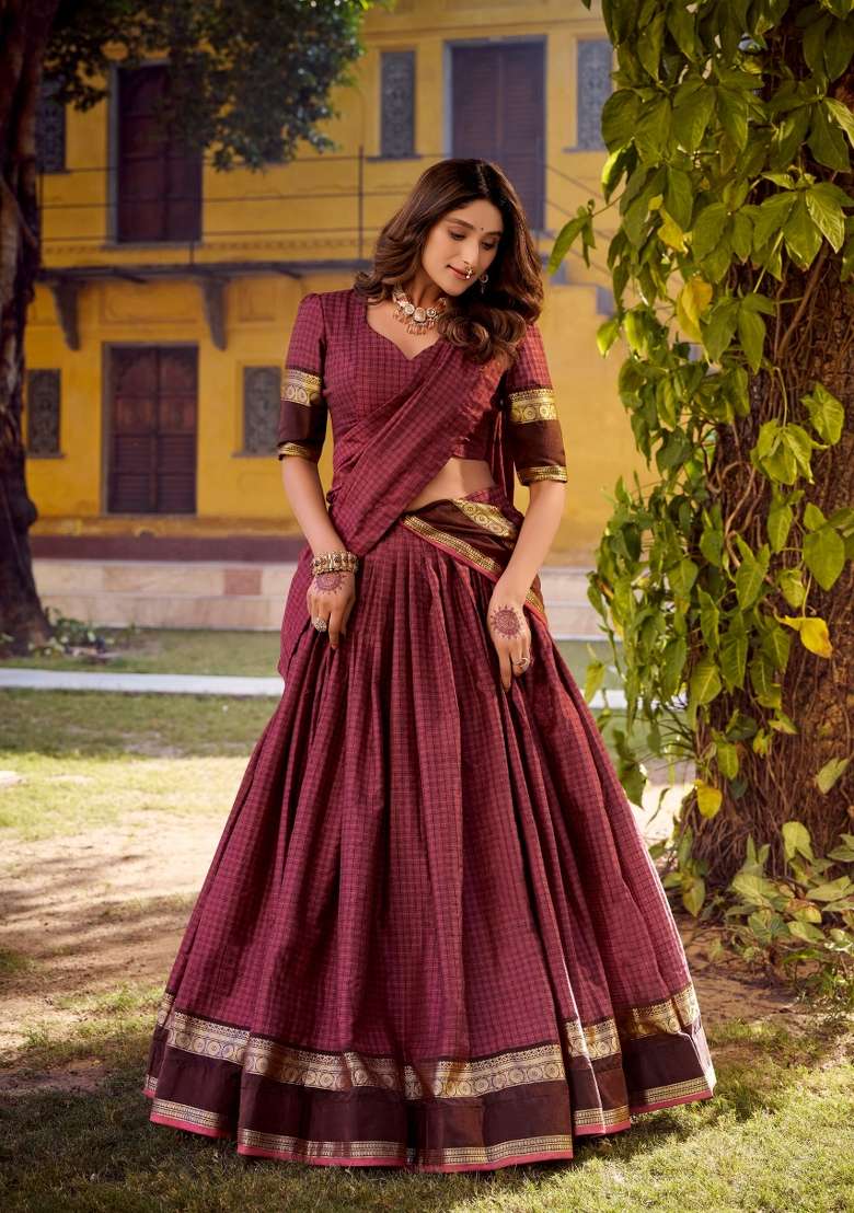 Maroon Zari Work Cotton Lehenga Set - Indya