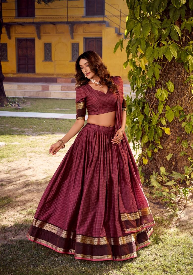 Maroon Zari Work Cotton Lehenga Set - Indya