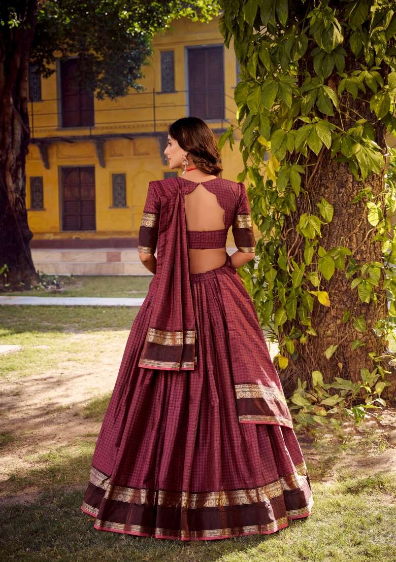 Maroon Zari Work Cotton Lehenga Set - Indya