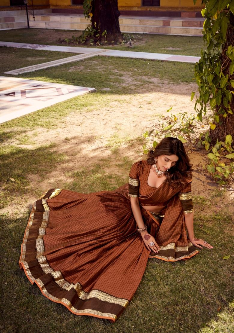 Orange Zari Work Cotton Lehenga Set - Indya