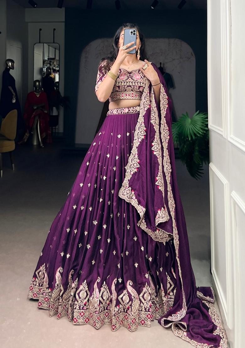Purple Embroidered Rangoli Lehenga Set - Indya