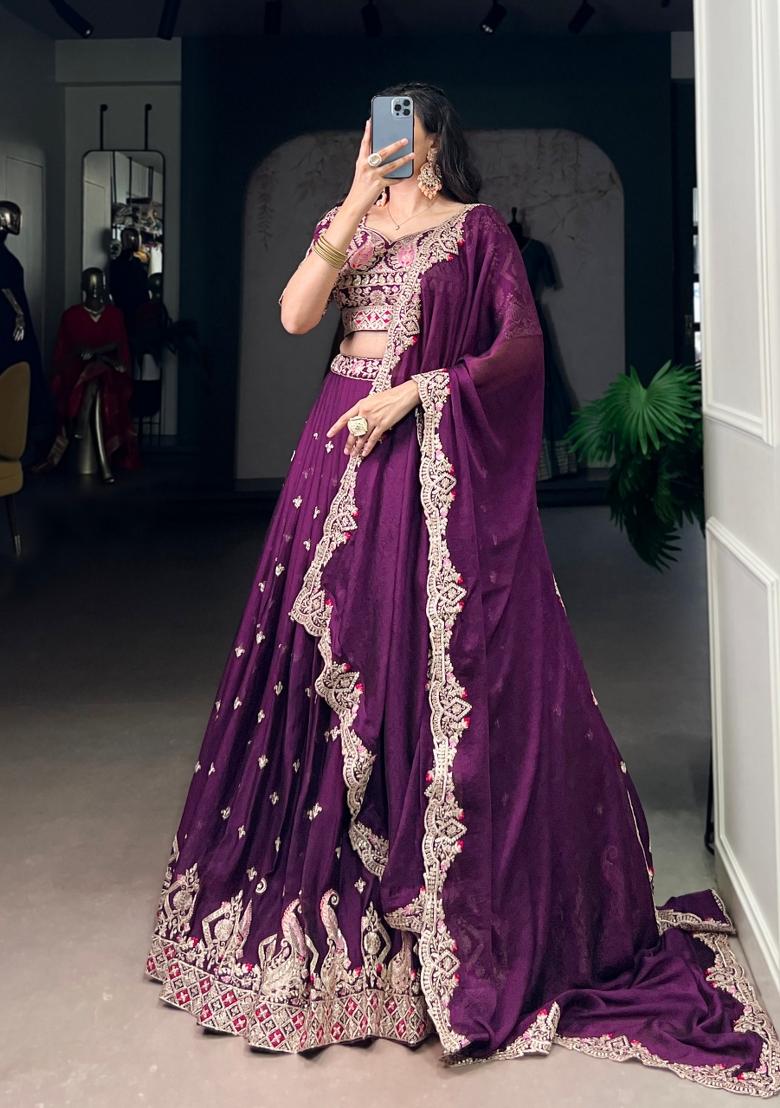 Purple Embroidered Rangoli Lehenga Set - Indya