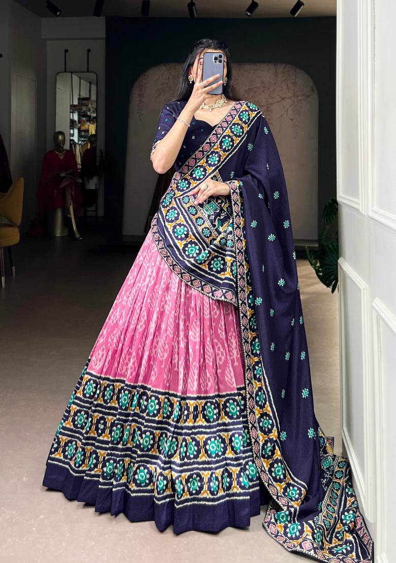 Light Pink Printed Rangoli Lehenga Set - Indya