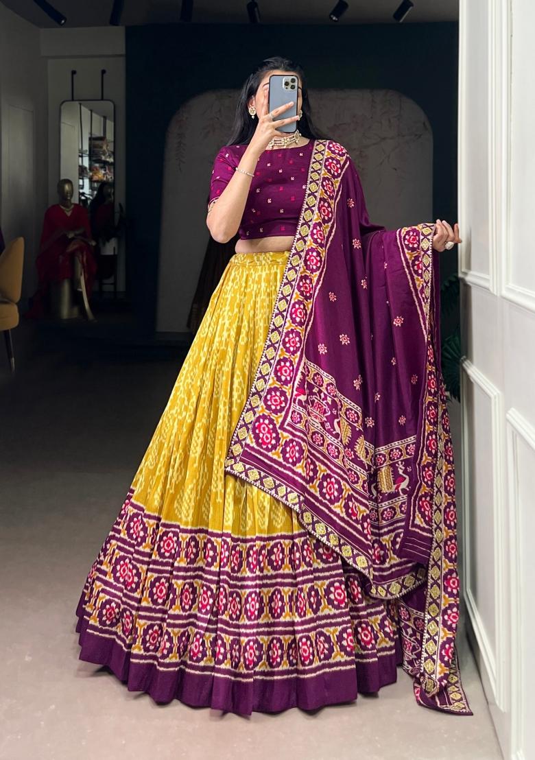 Mustard Printed Rangoli Lehenga Set - Indya