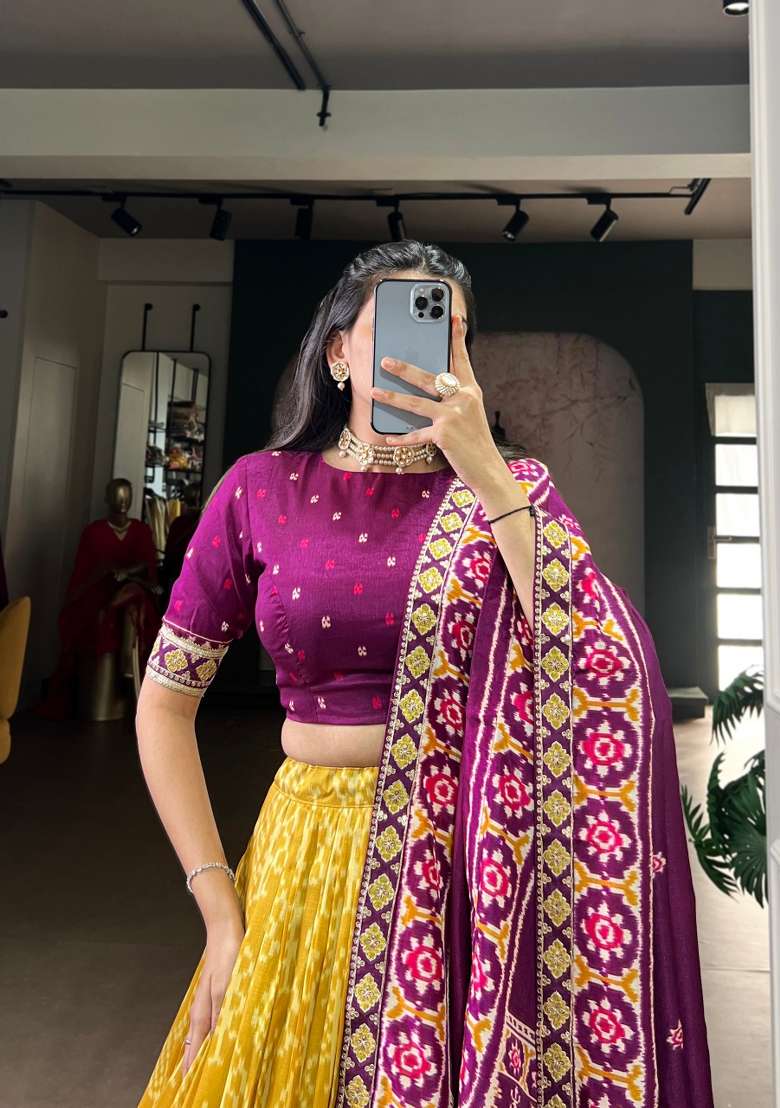 Mustard Printed Rangoli Lehenga Set for Diwali and Festive Wear - Indya