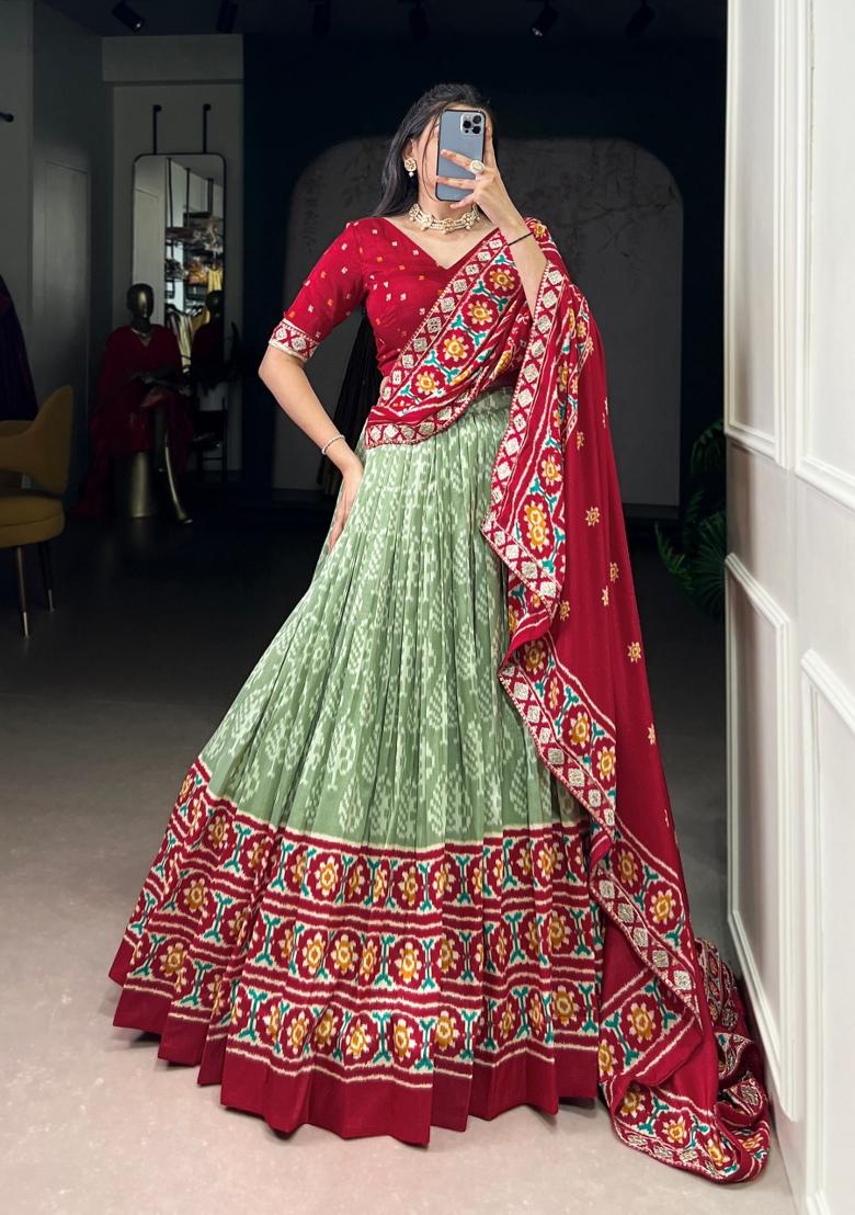 Sea Green Printed Rangoli Lehenga Set - Indya