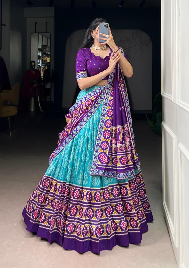 Sky Blue Printed Rangoli Lehenga Set - Indya