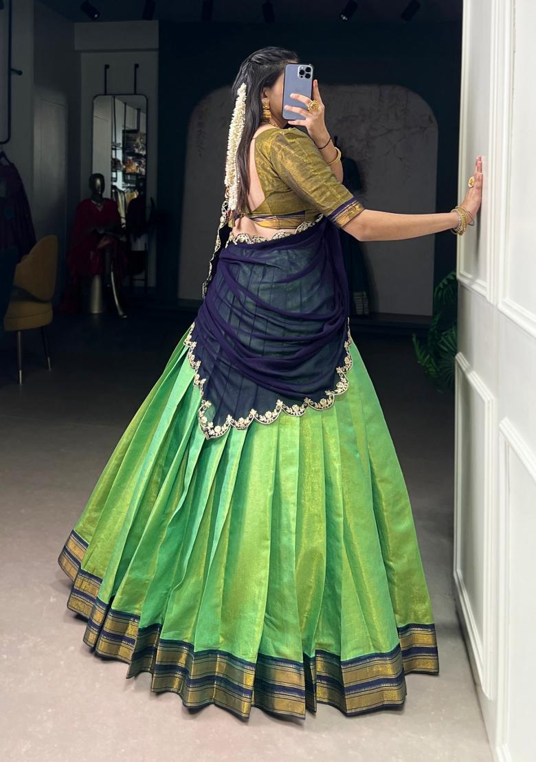 Navy Blue Zari Work Cotton Lehenga Set - Indya