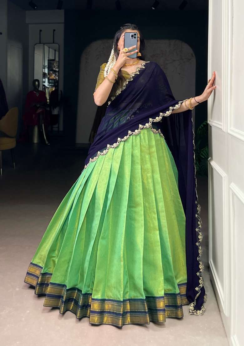 Navy Blue Cotton Lehenga Set with Zari Work for Diwali | Wedding & Festive Wear - Indya