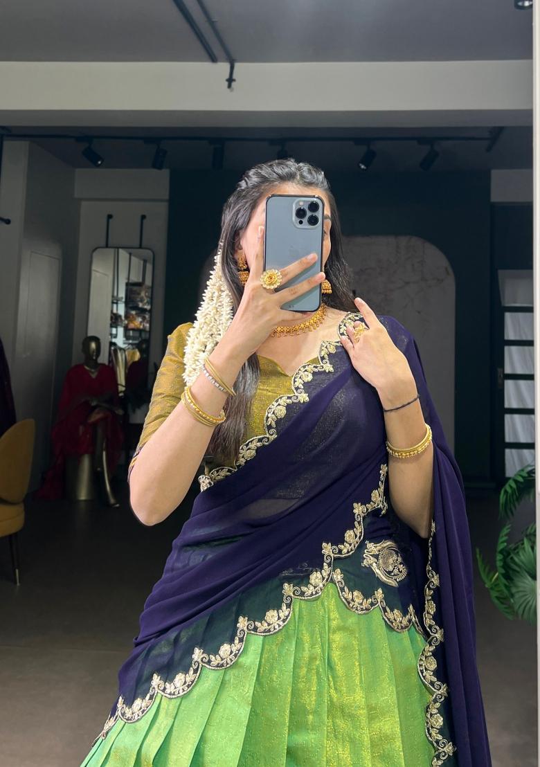 Navy Blue Zari Work Cotton Lehenga Set - Indya