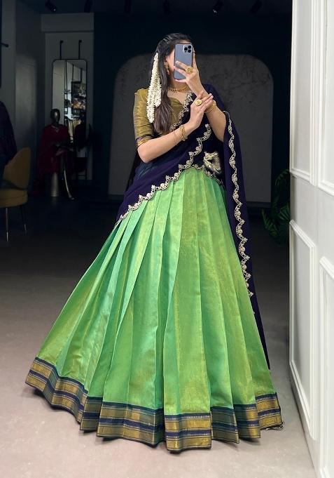 Navy Blue Zari Work Cotton Lehenga Set