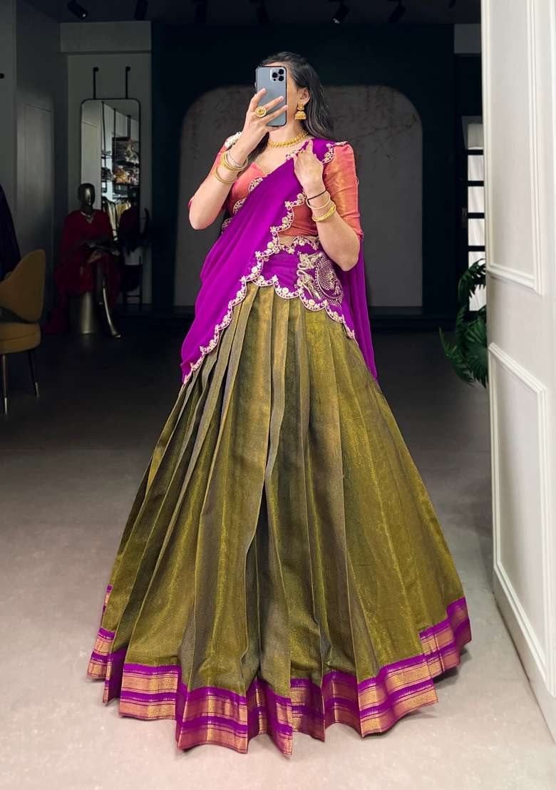 Pink Zari Work Cotton Lehenga Set for Diwali and Festive Wear - Indya
