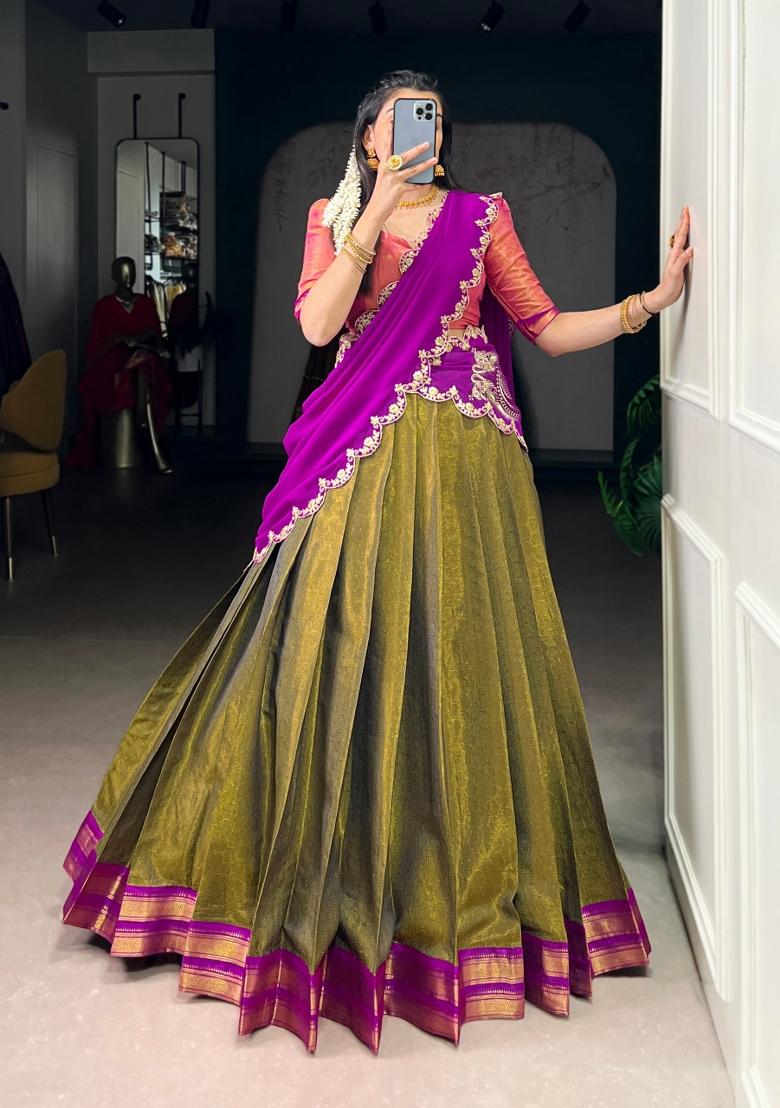 Pink Zari Work Cotton Lehenga Set - Indya