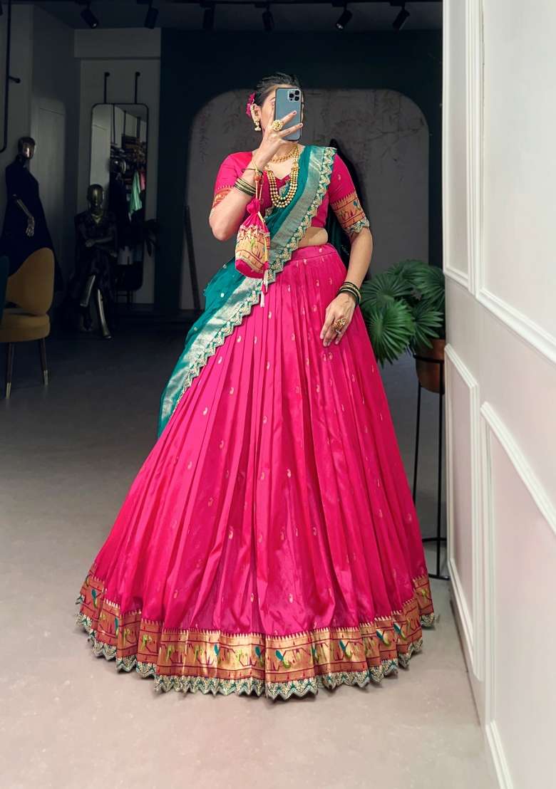 Pink Embroidered Silk Blend Lehenga Set for Diwali and Festive Wear - Indya