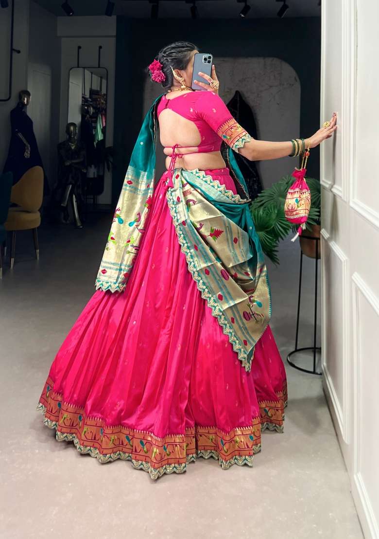Pink Embroidered Silk Blend Lehenga Set for Diwali and Festive Wear - Indya