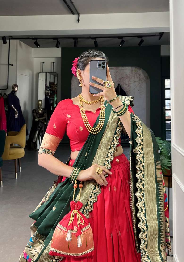 Red Silk Blend Lehenga Set with Embroidered for Diwali | Wedding & Festive Wear - Indya