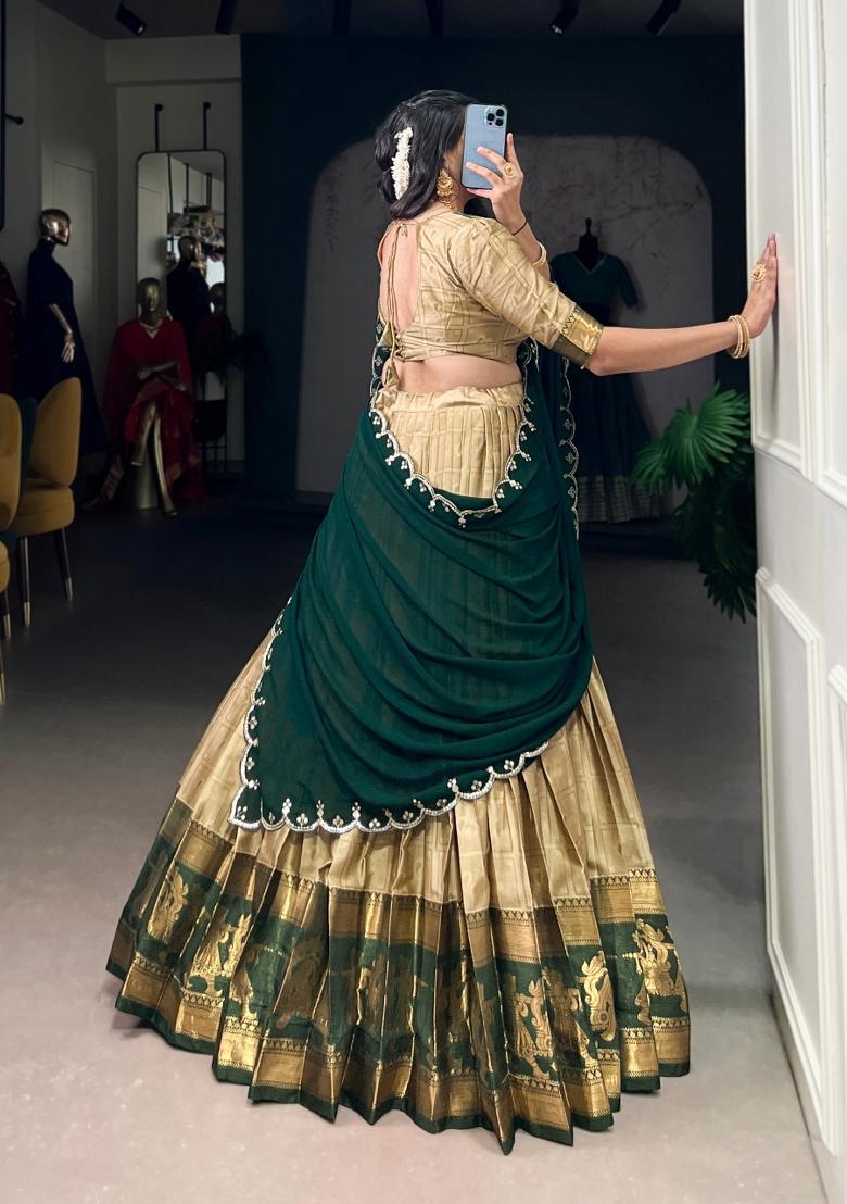 Cream Zari Work Cotton Lehenga Set - Indya