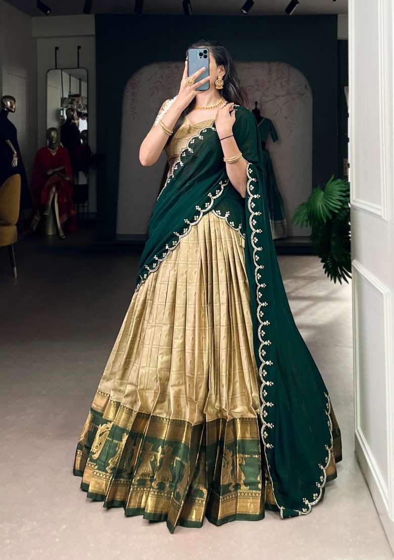 Cream Zari Work Cotton Lehenga Set for Diwali and Festive Wear - Indya